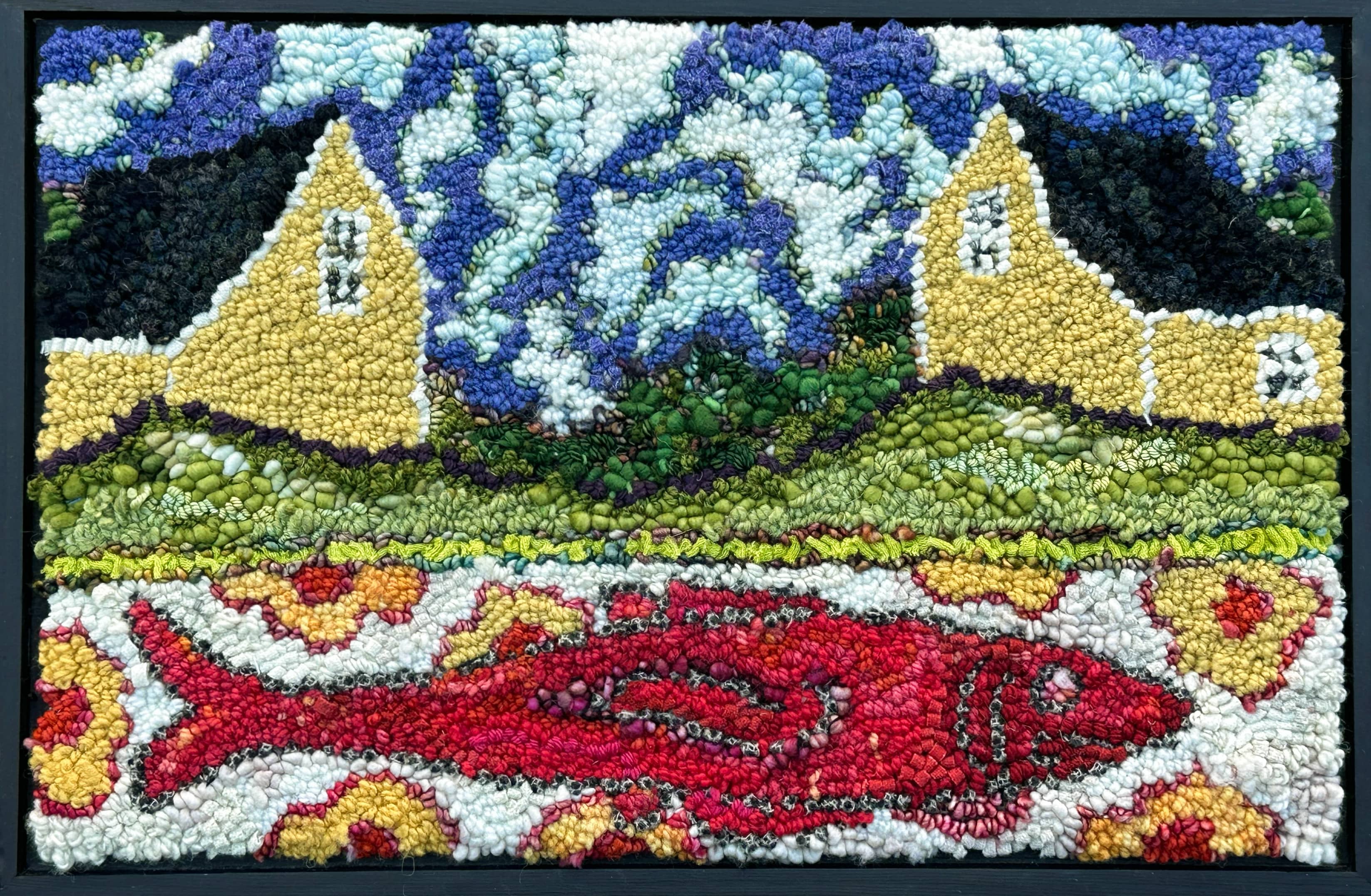 update alt-text with template One Fish Red Fish 20.25" x 13.5" Framed-Rugs for sale-Deanne Fitzpatrick Rug Hooking Studio-Rug Hooking Kit -Rug Hooking Pattern -Rug Hooking -Deanne Fitzpatrick Rug Hooking Studio -Is rug hooking the same as punch needle?