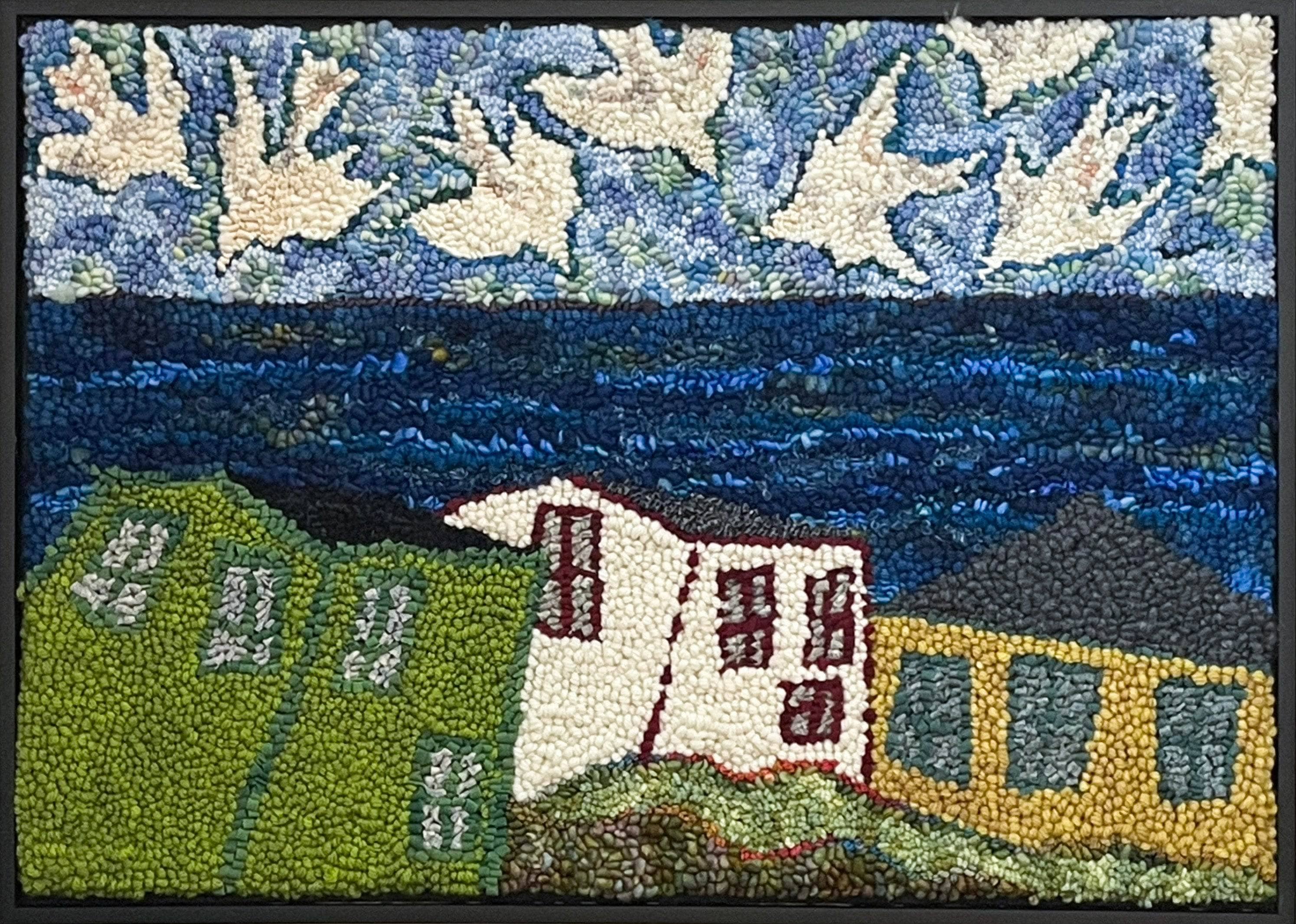 update alt-text with template Peace Over the Village 31.5" x 22.5" Framed-Rugs for sale-Deanne Fitzpatrick Rug Hooking Studio-Rug Hooking Kit -Rug Hooking Pattern -Rug Hooking -Deanne Fitzpatrick Rug Hooking Studio -Is rug hooking the same as punch needle?
