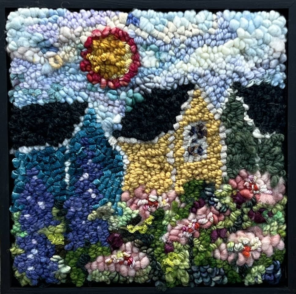 update alt-text with template Peony Sun 9" x 9" Framed-Rugs for sale-Deanne Fitzpatrick Rug Hooking Studio-Rug Hooking Kit -Rug Hooking Pattern -Rug Hooking -Deanne Fitzpatrick Rug Hooking Studio -Is rug hooking the same as punch needle?