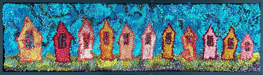 Rugs for sale Pink Houses Everywhere, 34" x 10" Framed Deanne Fitzpatrick hooking rugs rug hooking how to hook rugs kits