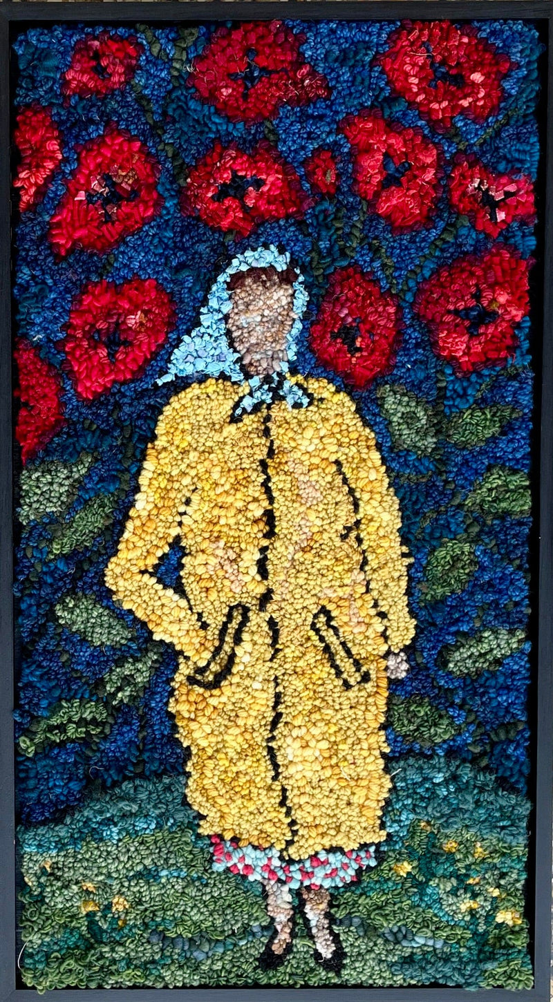 update alt-text with template Poppies and the Yellow Jacket 15.75" x 28"-Rugs for sale-Deanne Fitzpatrick Rug Hooking Studio-Rug Hooking Kit -Rug Hooking Pattern -Rug Hooking -Deanne Fitzpatrick Rug Hooking Studio -Is rug hooking the same as punch needle?