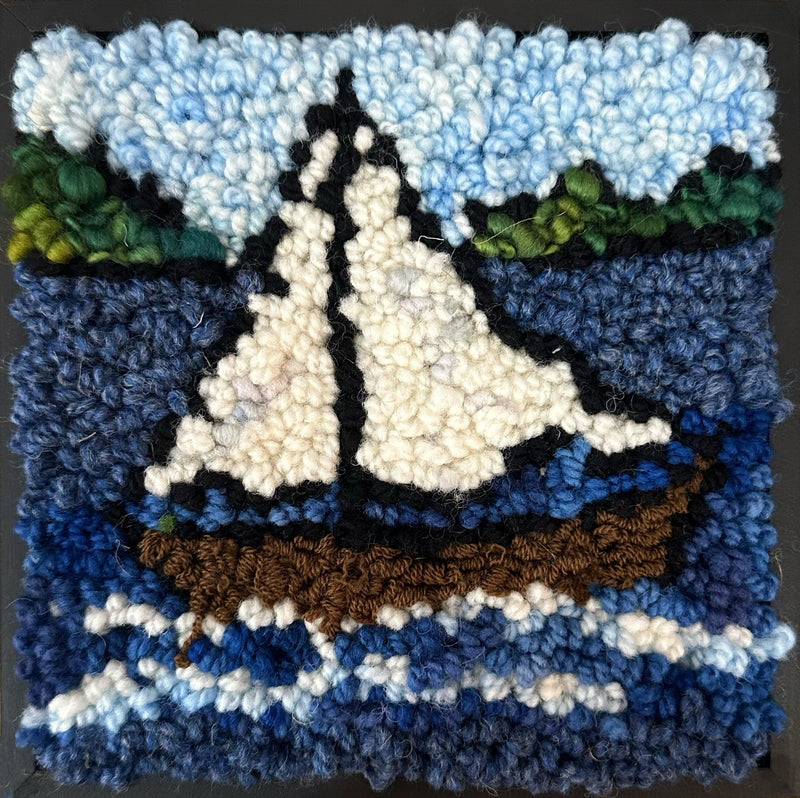 update alt-text with template Sailboat, 6" x 6" Framed-Rugs for sale-Deanne Fitzpatrick Rug Hooking Studio-Rug Hooking Kit -Rug Hooking Pattern -Rug Hooking -Deanne Fitzpatrick Rug Hooking Studio -Is rug hooking the same as punch needle?