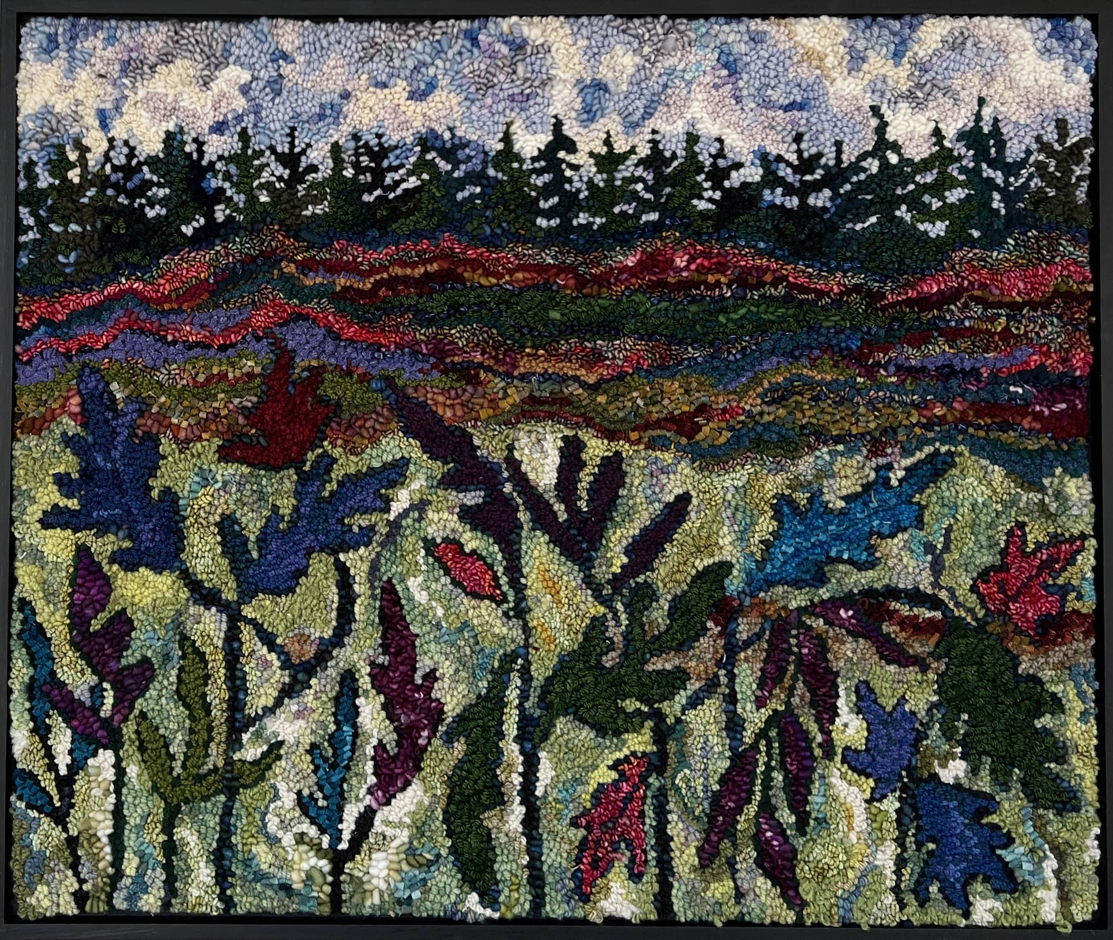update alt-text with template Spruce And Seed Pods 27 1/2" X 33" Framed-Rugs for sale-Deanne Fitzpatrick Rug Hooking Studio-Rug Hooking Kit -Rug Hooking Pattern -Rug Hooking -Deanne Fitzpatrick Rug Hooking Studio -Is rug hooking the same as punch needle?