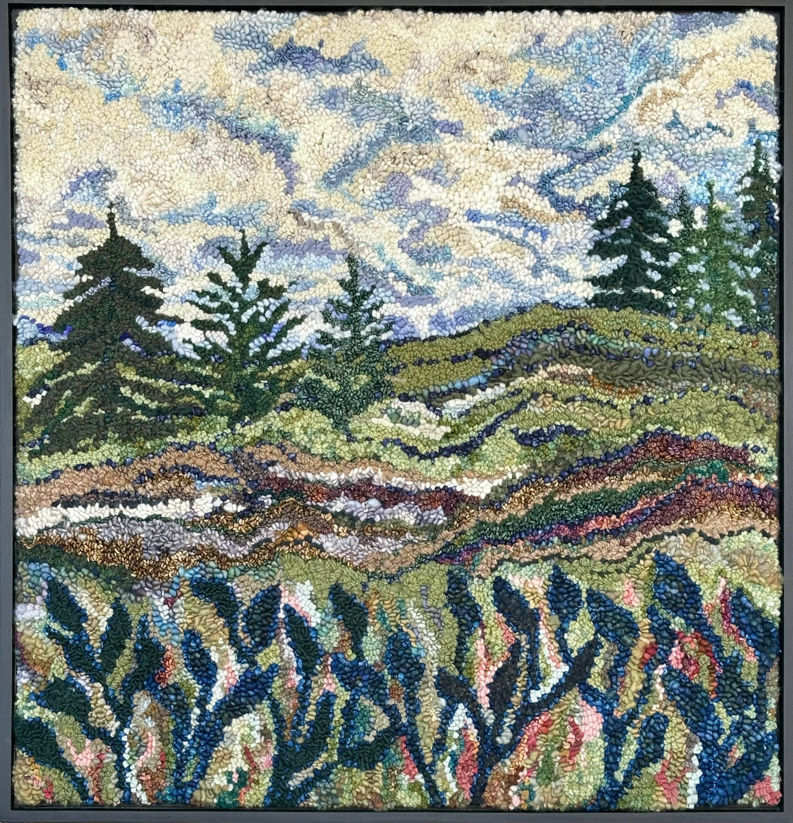 update alt-text with template Spruce in the pasture with the Grey Fields 29.5" x 30" Framed-Rugs for sale-Deanne Fitzpatrick Rug Hooking Studio-Rug Hooking Kit -Rug Hooking Pattern -Rug Hooking -Deanne Fitzpatrick Rug Hooking Studio -Is rug hooking the same as punch needle?