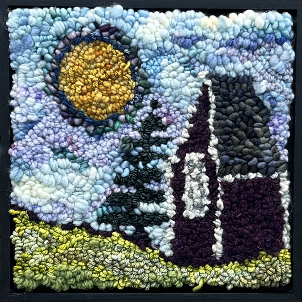 update alt-text with template Spruce Sun 9" x 9" Framed-Rugs for sale-Deanne Fitzpatrick Rug Hooking Studio-Rug Hooking Kit -Rug Hooking Pattern -Rug Hooking -Deanne Fitzpatrick Rug Hooking Studio -Is rug hooking the same as punch needle?