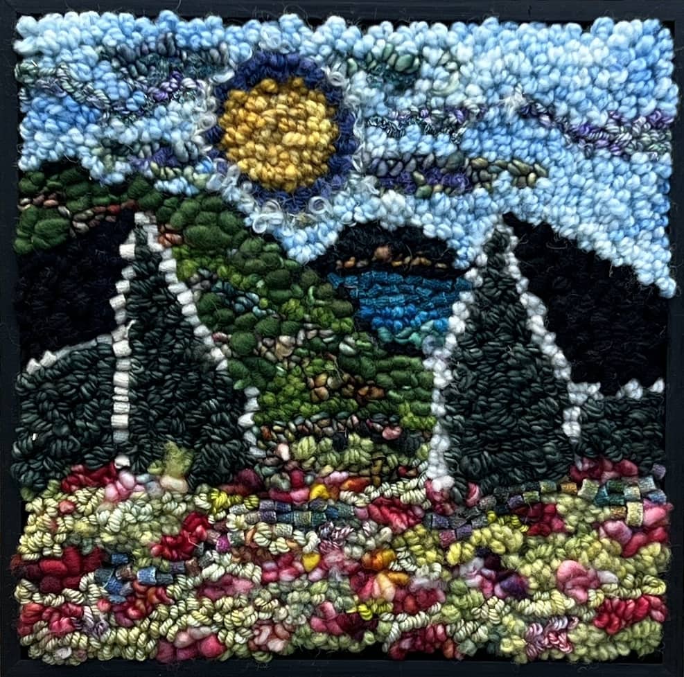 update alt-text with template Sun On The Green Barns 9" x 9" Framed-Rugs for sale-Deanne Fitzpatrick Rug Hooking Studio-Rug Hooking Kit -Rug Hooking Pattern -Rug Hooking -Deanne Fitzpatrick Rug Hooking Studio -Is rug hooking the same as punch needle?