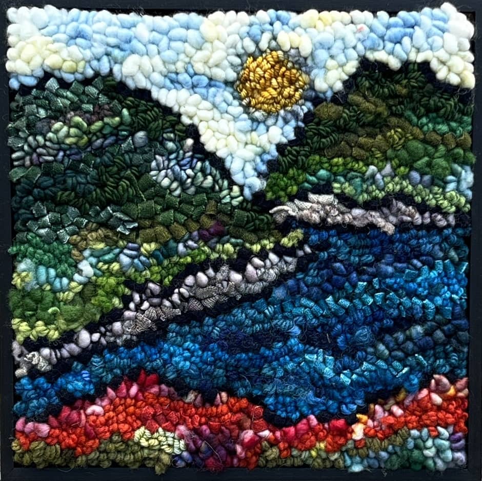 update alt-text with template Sun On The Narrows 9" x 9" Framed-Rugs for sale-Deanne Fitzpatrick Rug Hooking Studio-Rug Hooking Kit -Rug Hooking Pattern -Rug Hooking -Deanne Fitzpatrick Rug Hooking Studio -Is rug hooking the same as punch needle?