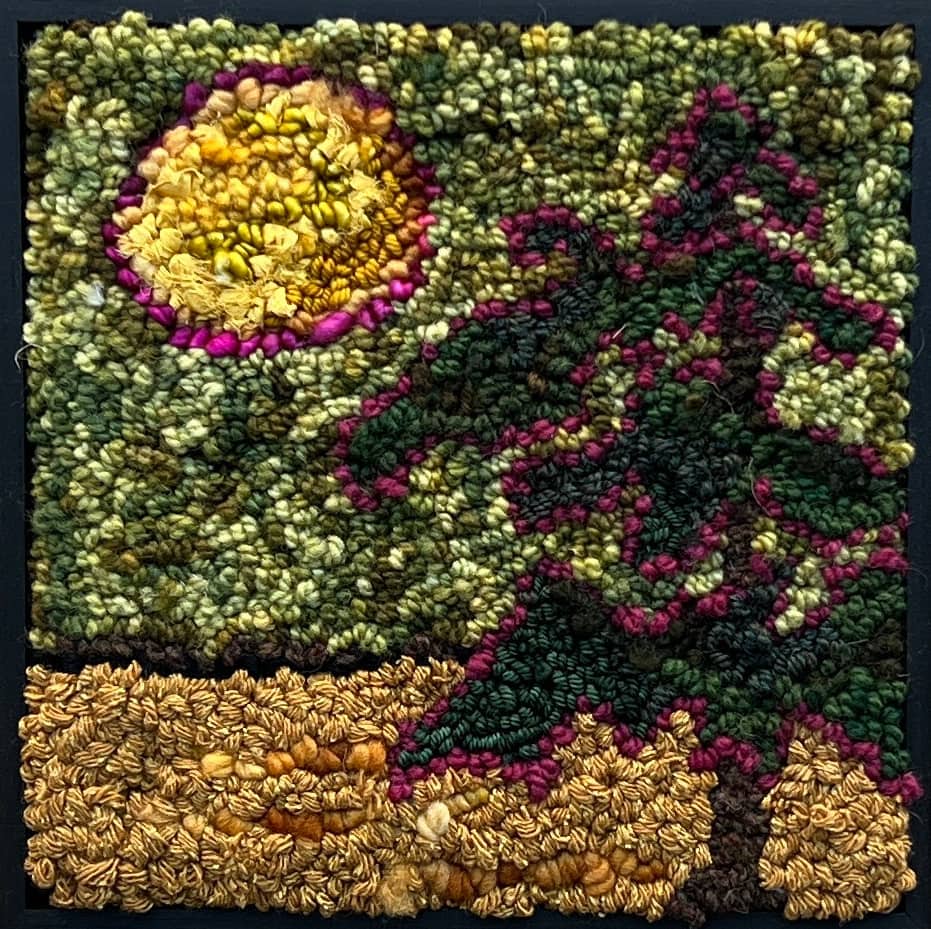 update alt-text with template Sun On The Pine 9" x 9" Framed-Rugs for sale-Deanne Fitzpatrick Rug Hooking Studio-Rug Hooking Kit -Rug Hooking Pattern -Rug Hooking -Deanne Fitzpatrick Rug Hooking Studio -Is rug hooking the same as punch needle?