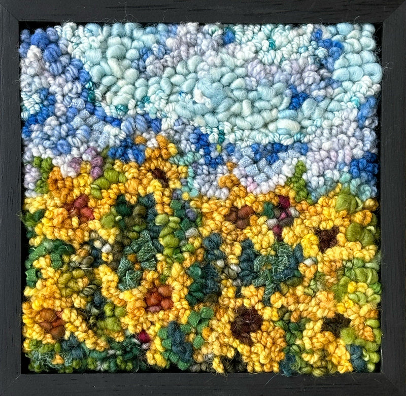 update alt-text with template Sunflower Field 8" x 8" Framed-Rugs for sale-Deanne Fitzpatrick Rug Hooking Studio-Rug Hooking Kit -Rug Hooking Pattern -Rug Hooking -Deanne Fitzpatrick Rug Hooking Studio -Is rug hooking the same as punch needle?