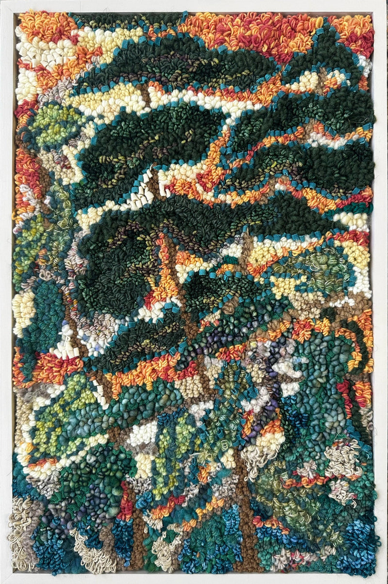 update alt-text with template Sunset Beyond the Cedars, Framed-Rugs for sale-Deanne Fitzpatrick Rug Hooking Studio-Rug Hooking Kit -Rug Hooking Pattern -Rug Hooking -Deanne Fitzpatrick Rug Hooking Studio -Is rug hooking the same as punch needle?