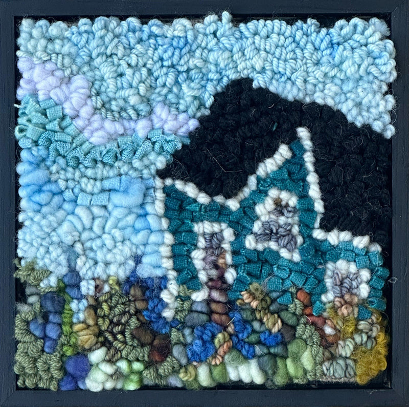 update alt-text with template Teal Farmhouse, 6" x 6" Framed-Rugs for sale-Deanne Fitzpatrick Rug Hooking Studio-Rug Hooking Kit -Rug Hooking Pattern -Rug Hooking -Deanne Fitzpatrick Rug Hooking Studio -Is rug hooking the same as punch needle?