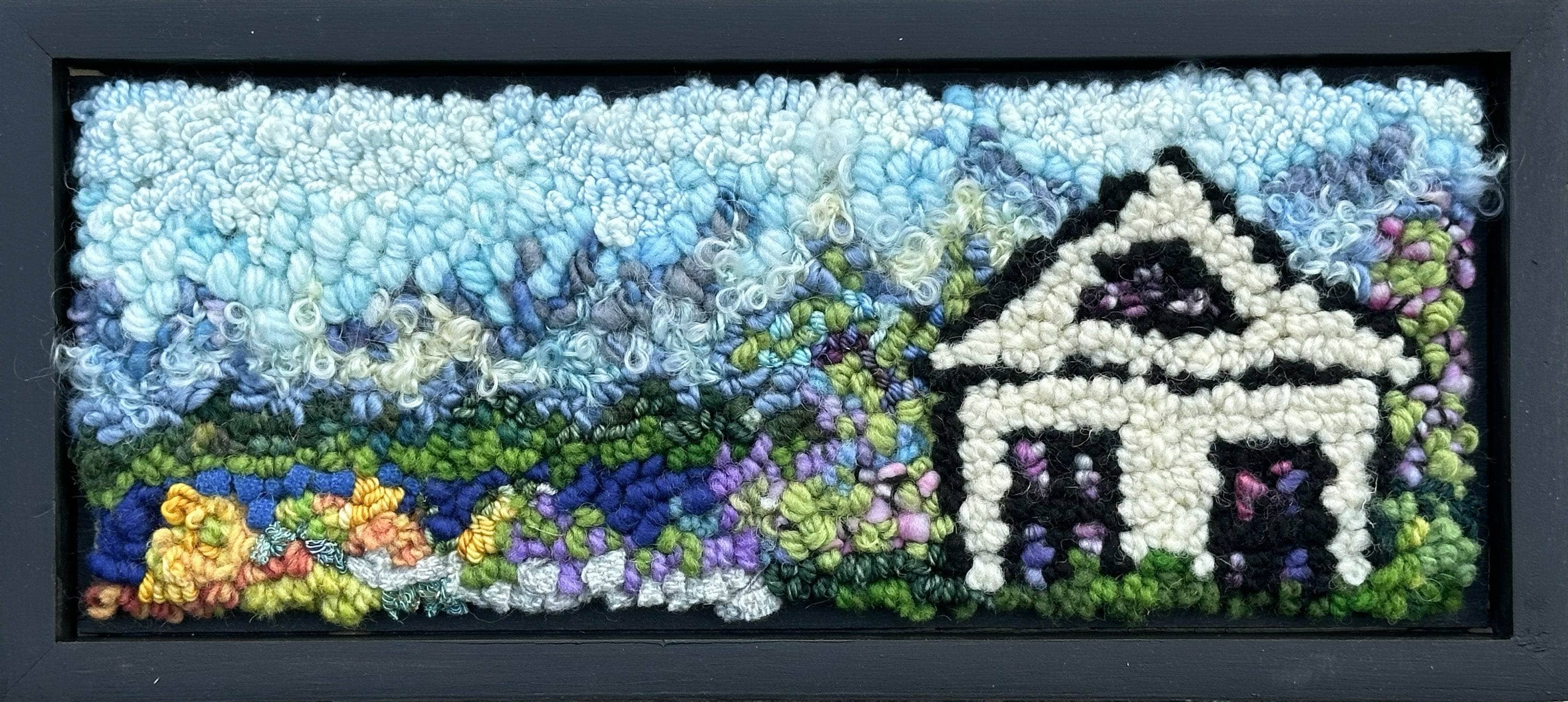 update alt-text with template The Garden with Lavender 12.5" x 5.5" Framed Sold-Rugs for sale-Deanne Fitzpatrick Rug Hooking Studio-Rug Hooking Kit -Rug Hooking Pattern -Rug Hooking -Deanne Fitzpatrick Rug Hooking Studio -Is rug hooking the same as punch needle?