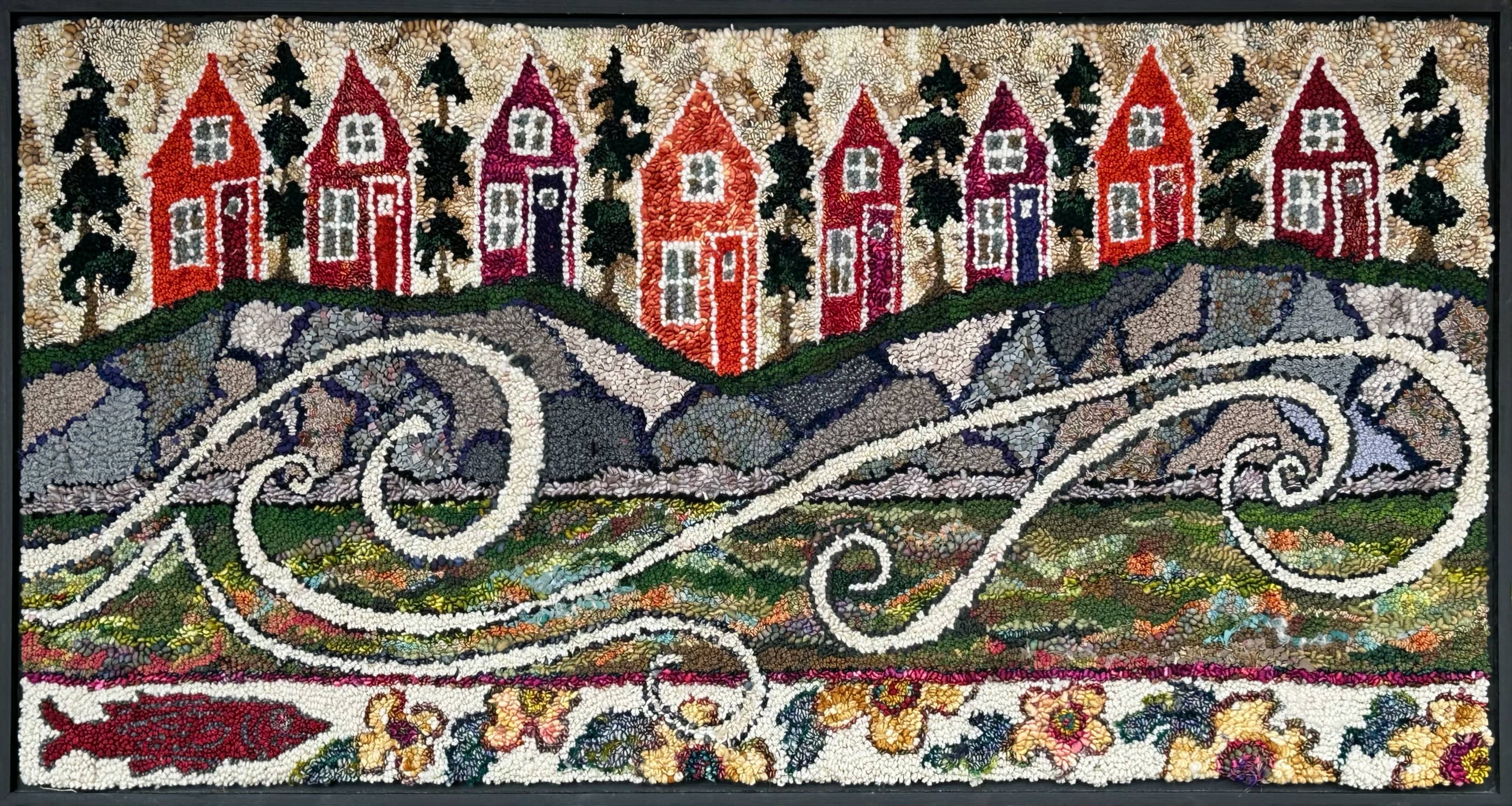 update alt-text with template The Red Herring in Windy Cove 55.5" x 29" Framed-Rugs for sale-Deanne Fitzpatrick Rug Hooking Studio-Rug Hooking Kit -Rug Hooking Pattern -Rug Hooking -Deanne Fitzpatrick Rug Hooking Studio -Is rug hooking the same as punch needle?