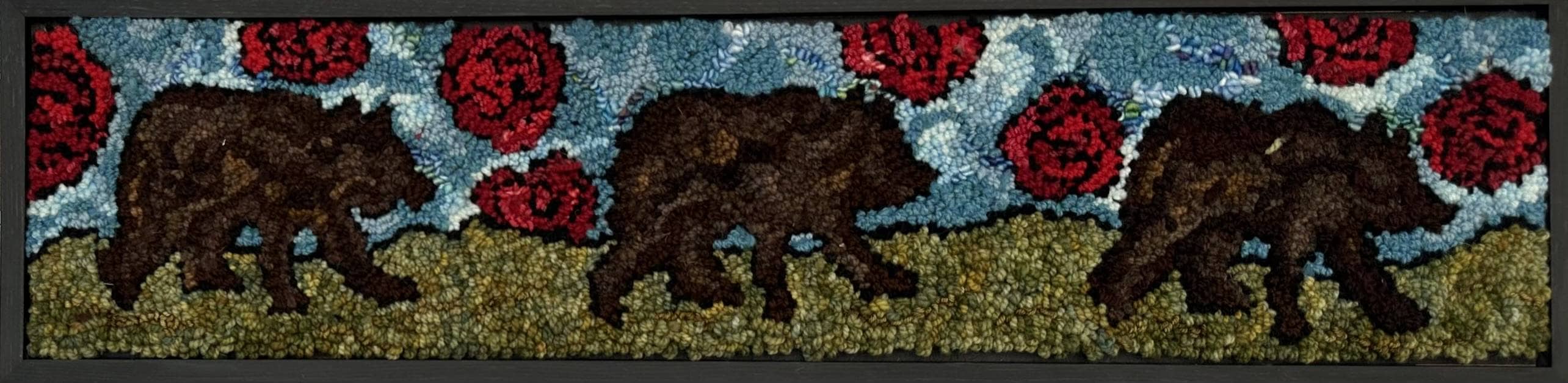 Rugs for sale Three Bears In Roses 32 1/4" x  8 1/4" Framed