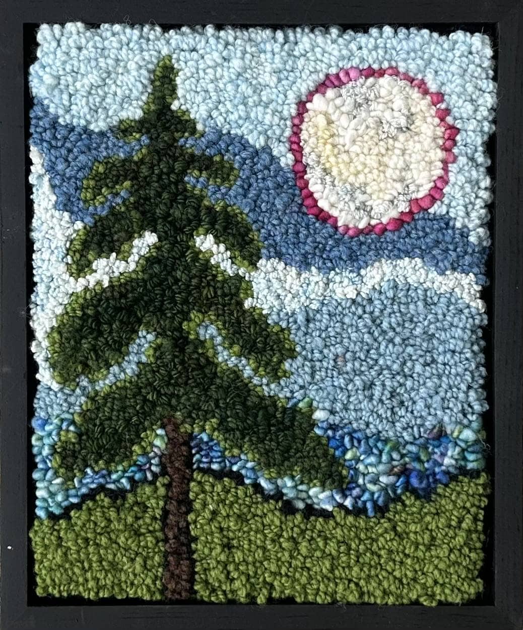 update alt-text with template Tree with Moon 12 1/4" x 10" Framed-Rugs for sale-Deanne Fitzpatrick Rug Hooking Studio-Rug Hooking Kit -Rug Hooking Pattern -Rug Hooking -Deanne Fitzpatrick Rug Hooking Studio -Is rug hooking the same as punch needle?