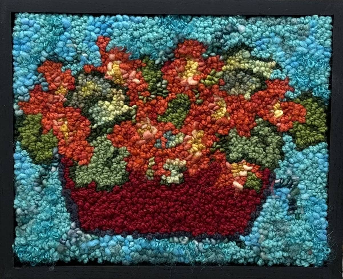 update alt-text with template Turquoise pot orange flowers 12 1/4" x 10" Framed-Rugs for sale-Deanne Fitzpatrick Rug Hooking Studio-Rug Hooking Kit -Rug Hooking Pattern -Rug Hooking -Deanne Fitzpatrick Rug Hooking Studio -Is rug hooking the same as punch needle?