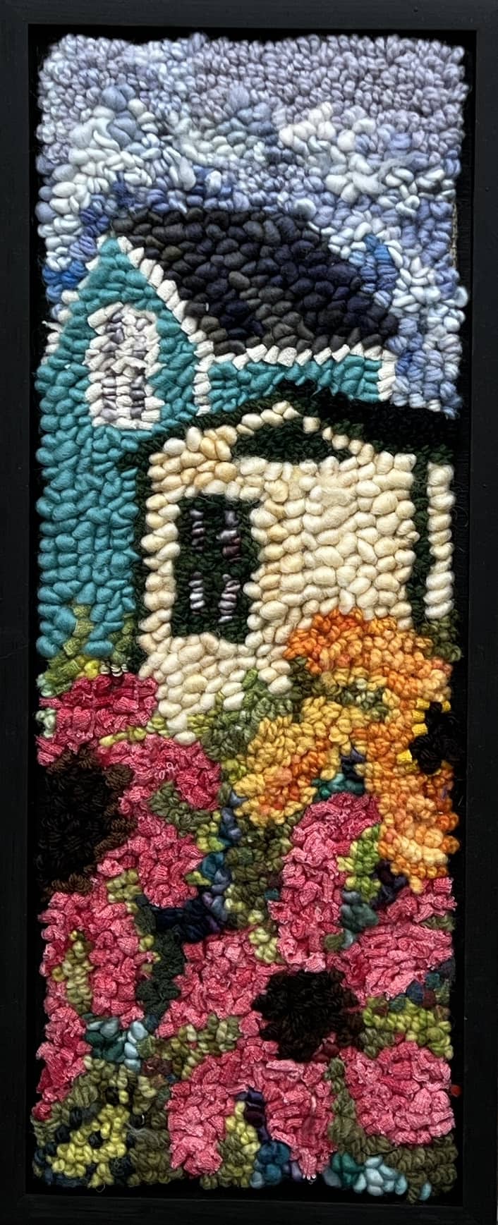 update alt-text with template Village Flowers 18" x 7 1/4" Framed-Rugs for sale-Deanne Fitzpatrick Rug Hooking Studio-Rug Hooking Kit -Rug Hooking Pattern -Rug Hooking -Deanne Fitzpatrick Rug Hooking Studio -Is rug hooking the same as punch needle?