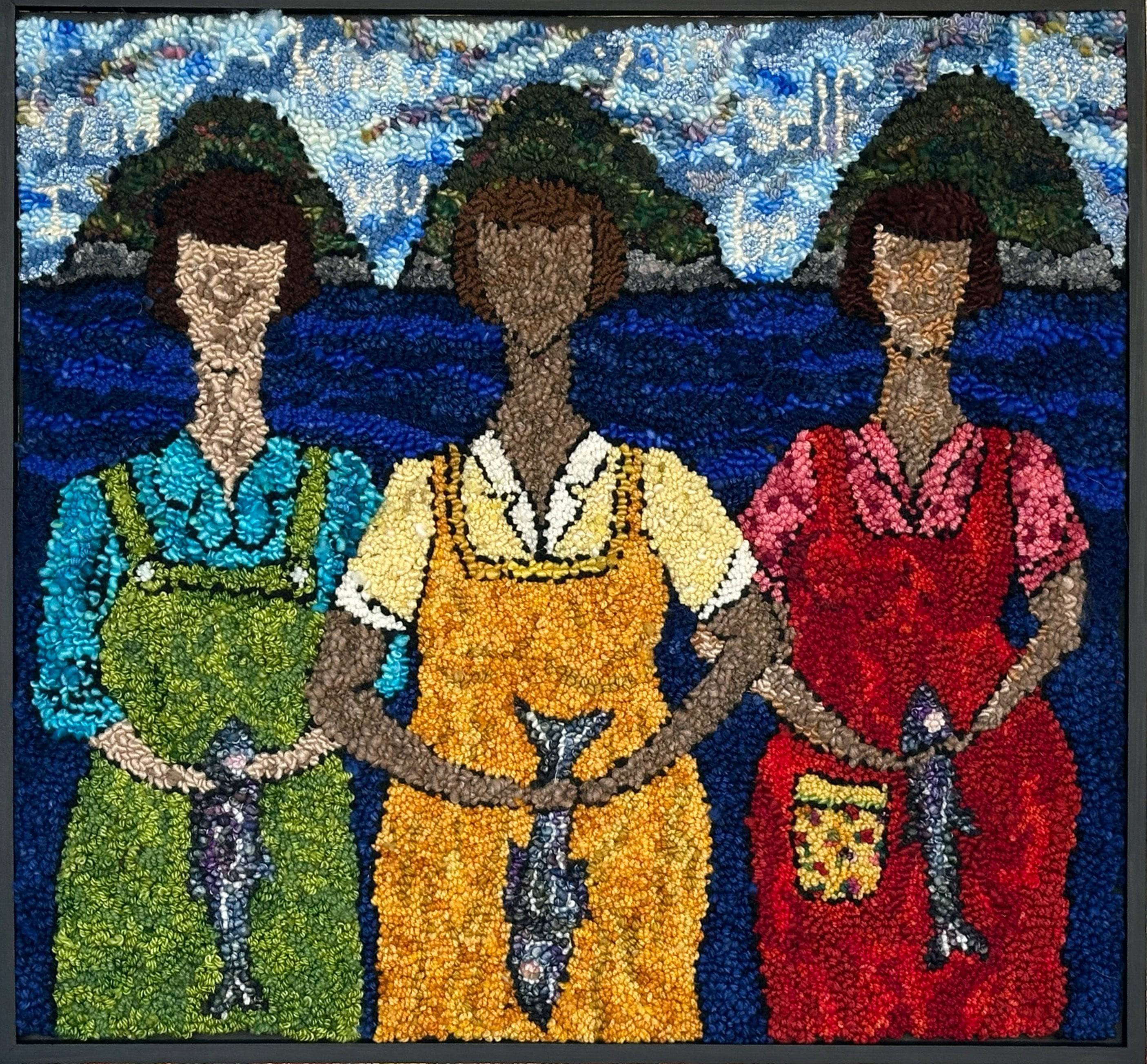 update alt-text with template What can you know about a person by the way they hold a fish 29.25" x 27.25"-Rugs for sale-Deanne Fitzpatrick Rug Hooking Studio-Rug Hooking Kit -Rug Hooking Pattern -Rug Hooking -Deanne Fitzpatrick Rug Hooking Studio -Is rug hooking the same as punch needle?