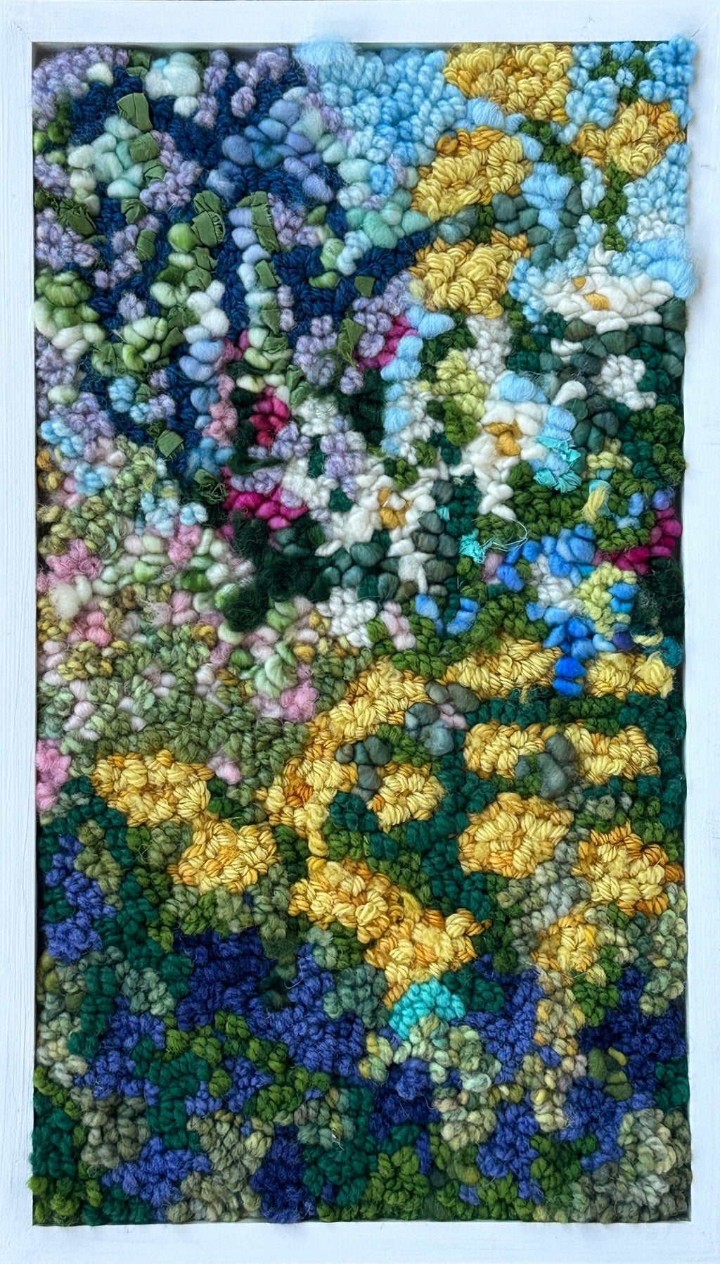 update alt-text with template Wild Yellow Garden, 8.5" x 14.5" Framed-Rugs for sale-Deanne Fitzpatrick Rug Hooking Studio-Rug Hooking Kit -Rug Hooking Pattern -Rug Hooking -Deanne Fitzpatrick Rug Hooking Studio -Is rug hooking the same as punch needle?