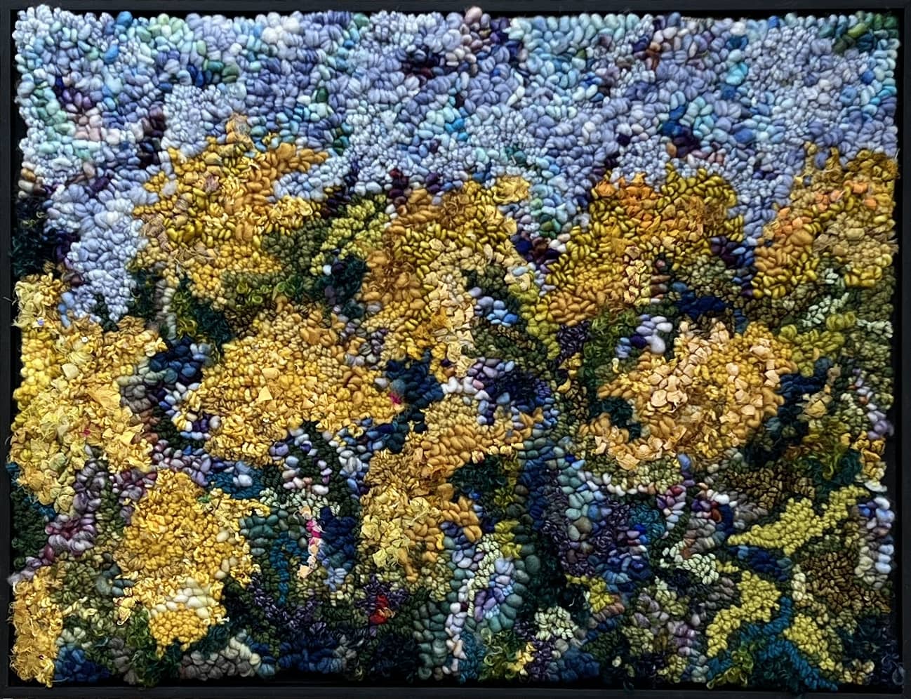update alt-text with template Golden Blooms 21 3/4" x 16 3/4" Framed-Rugs for sale-Deanne Fitzpatrick Rug Hooking Studio-Rug Hooking Kit -Rug Hooking Pattern -Rug Hooking -Deanne Fitzpatrick Rug Hooking Studio -Is rug hooking the same as punch needle?