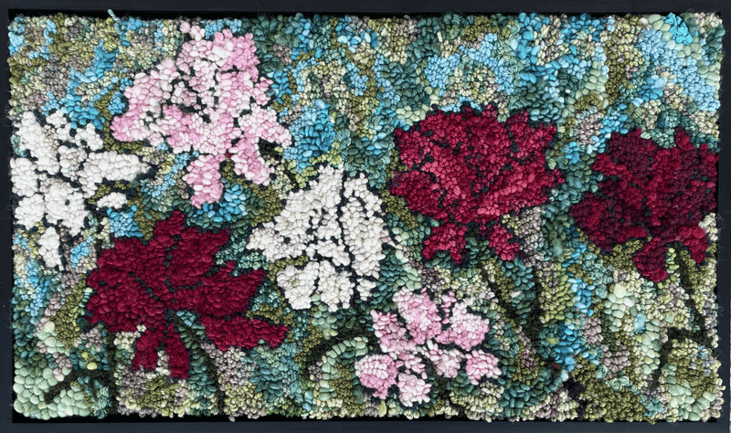 update alt-text with template Seven Peonies (Kit Sample) 27" x 16" Framed-Deanne Fitzpatrick Rug Hooking Studio-Rug Hooking Kit -Rug Hooking Pattern -Rug Hooking -Deanne Fitzpatrick Rug Hooking Studio -Is rug hooking the same as punch needle?