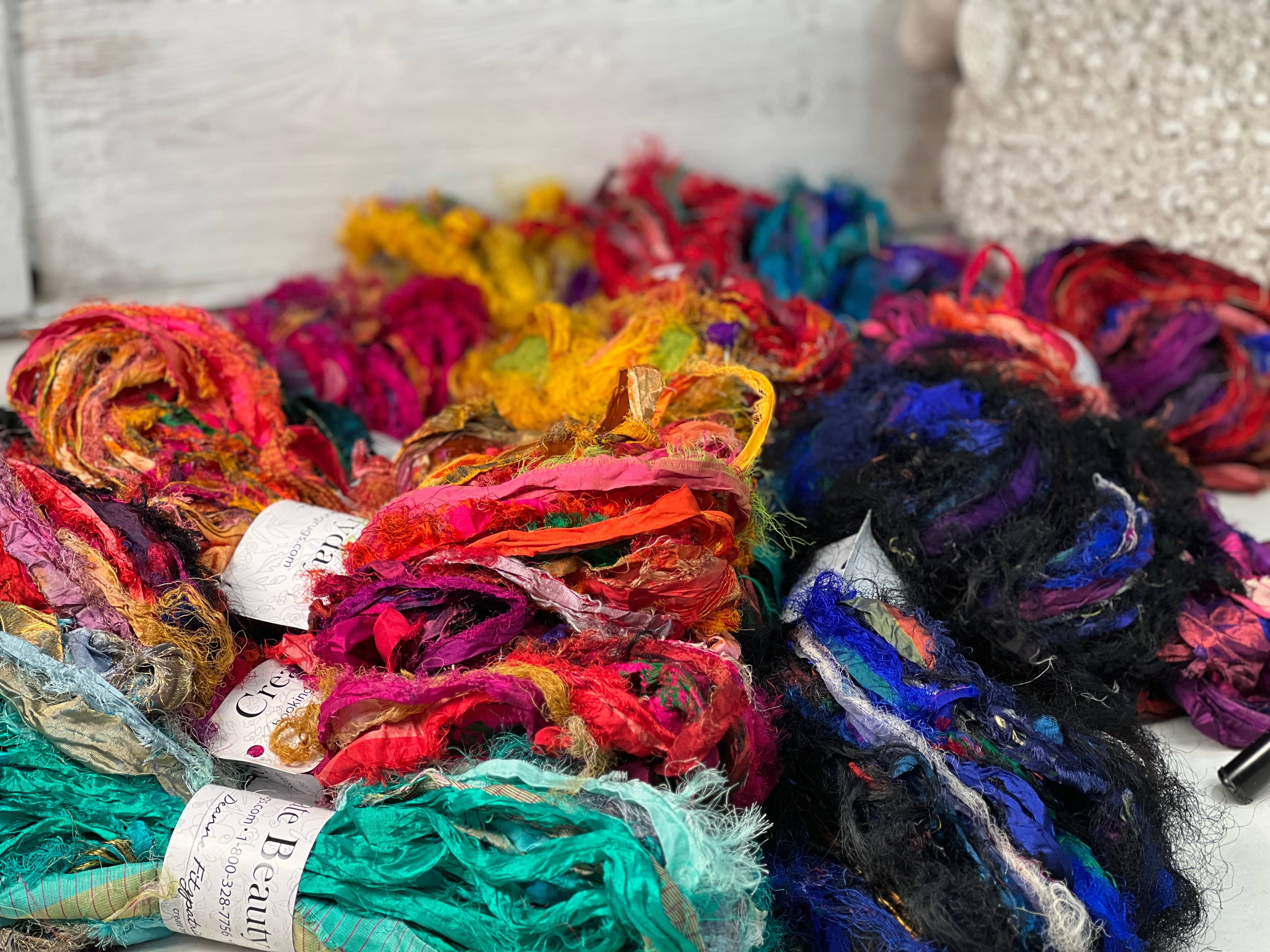 update alt-text with template Ragged Sari Silk Wreath: 4 Colours Of Your Choice-Silk-vendor-unknown-Rug Hooking Kit -Rug Hooking Pattern -Rug Hooking -Deanne Fitzpatrick Rug Hooking Studio -Is rug hooking the same as punch needle?