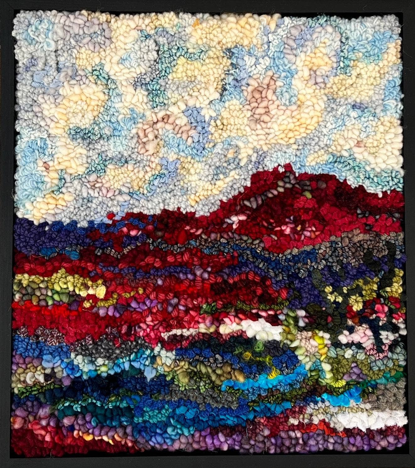 update alt-text with template Silver Linings Over Red fields Framed 16.5” x 15”-Deanne Fitzpatrick Rug Hooking Studio-Rug Hooking Kit -Rug Hooking Pattern -Rug Hooking -Deanne Fitzpatrick Rug Hooking Studio -Is rug hooking the same as punch needle?