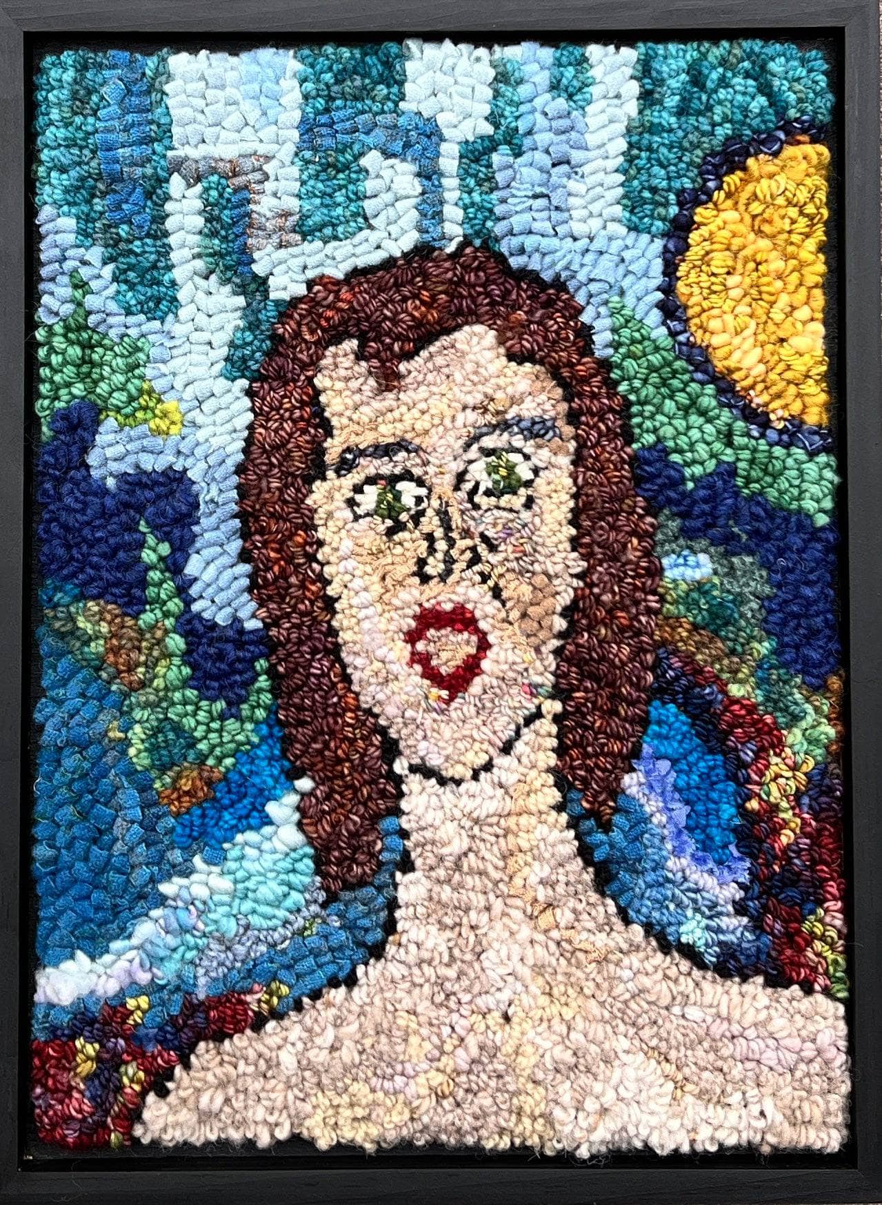 update alt-text with template Talking to the sun 15.5” x 11.25”Framed-Deanne Fitzpatrick Rug Hooking Studio-Rug Hooking Kit -Rug Hooking Pattern -Rug Hooking -Deanne Fitzpatrick Rug Hooking Studio -Is rug hooking the same as punch needle?