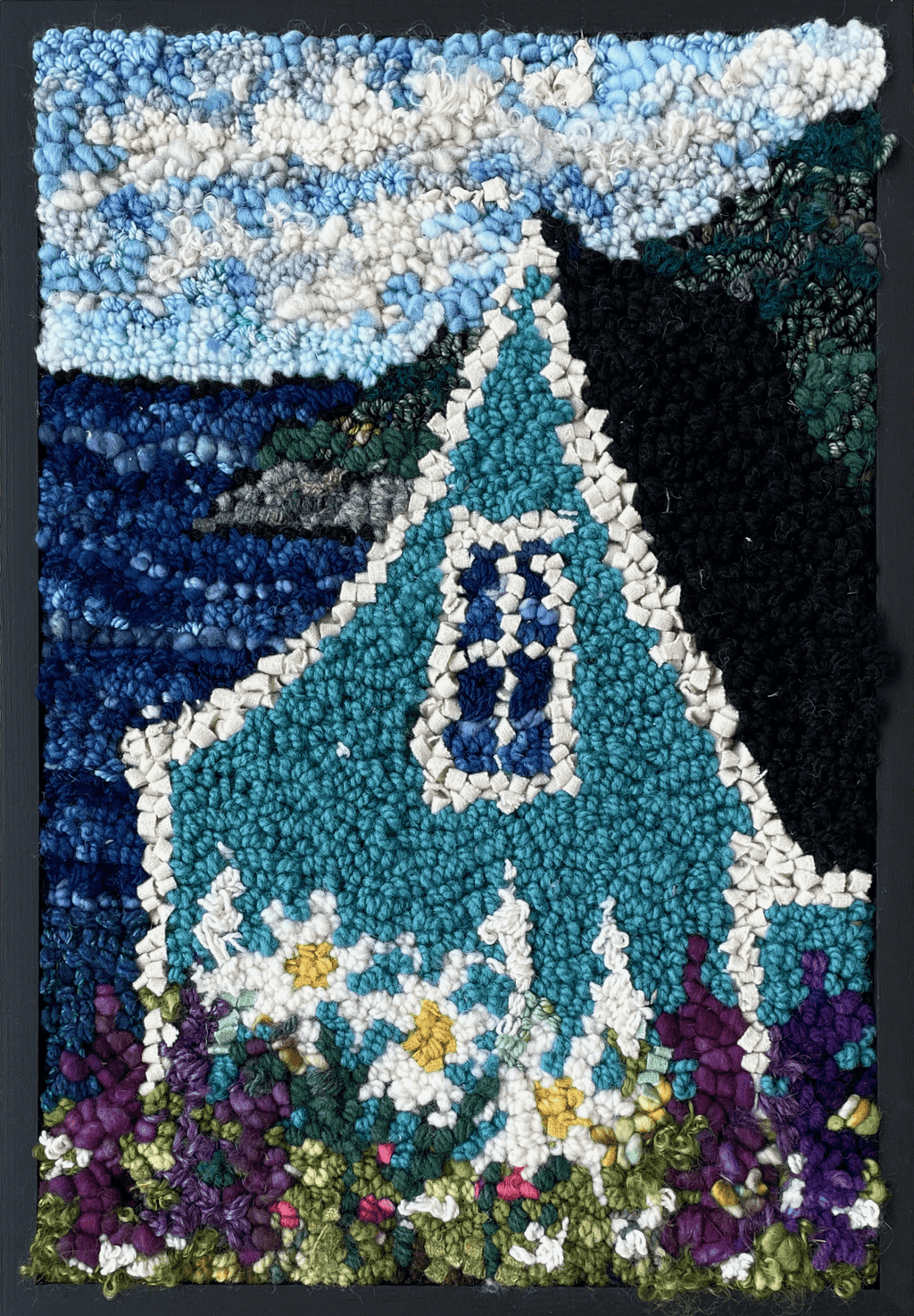 update alt-text with template Turquoise House and Daisies 14.5" x 17.5" Framed-Deanne Fitzpatrick Rug Hooking Studio-Rug Hooking Kit -Rug Hooking Pattern -Rug Hooking -Deanne Fitzpatrick Rug Hooking Studio -Is rug hooking the same as punch needle?