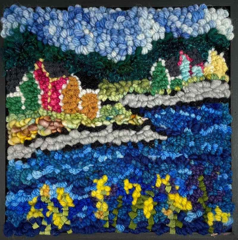 update alt-text with template Yellow Flowers in the Village 8" x 8" Framed-Deanne Fitzpatrick Rug Hooking Studio-Rug Hooking Kit -Rug Hooking Pattern -Rug Hooking -Deanne Fitzpatrick Rug Hooking Studio -Is rug hooking the same as punch needle?