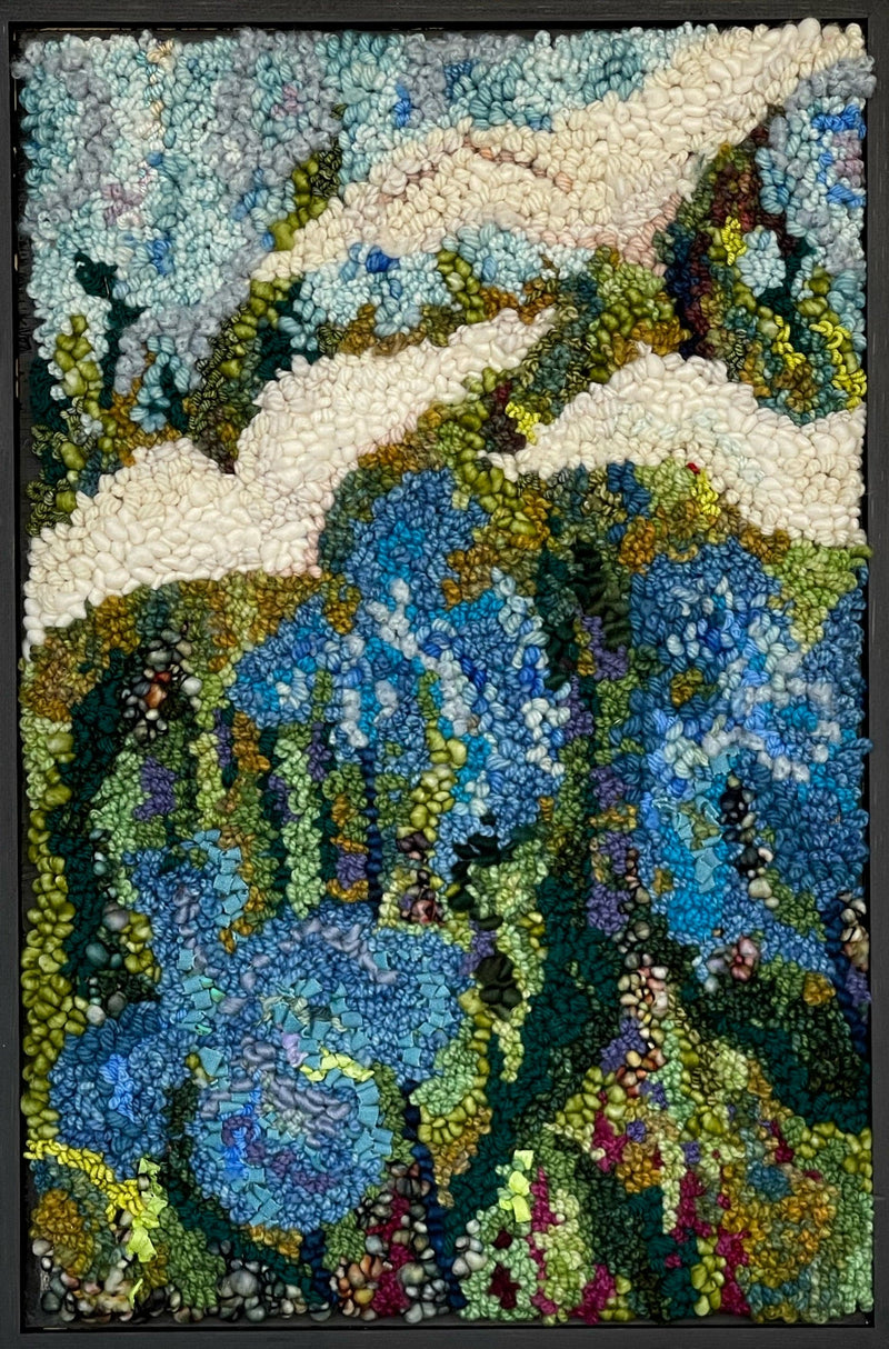 update alt-text with template Blue Lilies 15.5" x 23" Framed-Deanne Fitzpatrick Rug Hooking Studio-Rug Hooking Kit -Rug Hooking Pattern -Rug Hooking -Deanne Fitzpatrick Rug Hooking Studio -Is rug hooking the same as punch needle?