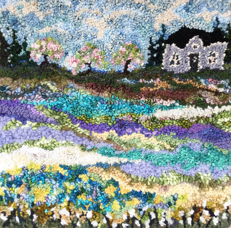 update alt-text with template Where the Orchard Blooms - 24" x 24" - Hooking Field Rugs: Linen Pattern Only or Complete Kit-Kits-Deanne Fitzpatrick Rug Hooking Studio-Rug Hooking Kit -Rug Hooking Pattern -Rug Hooking -Deanne Fitzpatrick Rug Hooking Studio -Is rug hooking the same as punch needle?