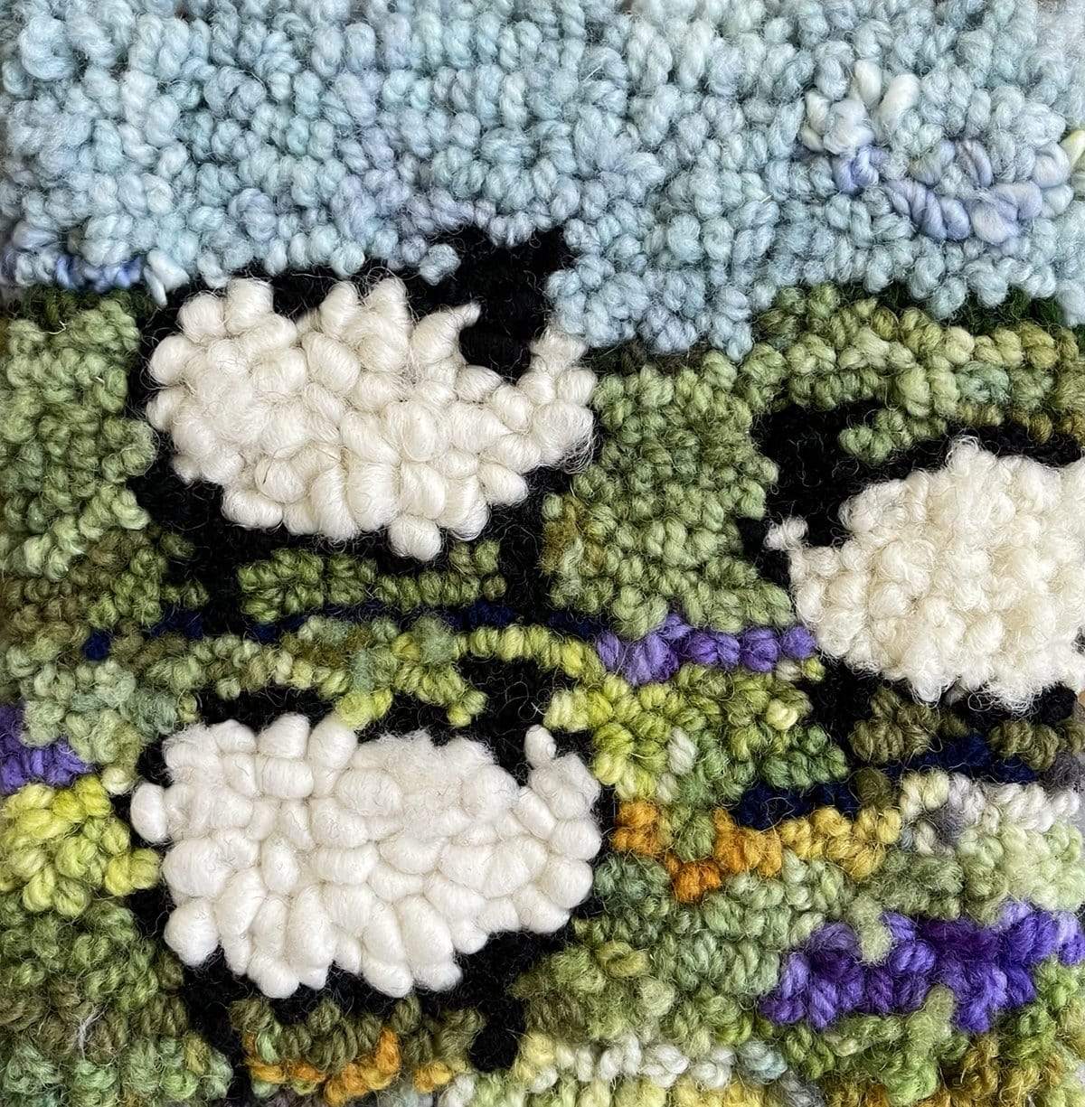 update alt-text with template WHOLESALE: Sheep In The Lavender - Rug Hooking Kit 6" X 6"-Kits-Deanne Fitzpatrick Rug Hooking Studio-Rug Hooking Kit -Rug Hooking Pattern -Rug Hooking -Deanne Fitzpatrick Rug Hooking Studio -Is rug hooking the same as punch needle?