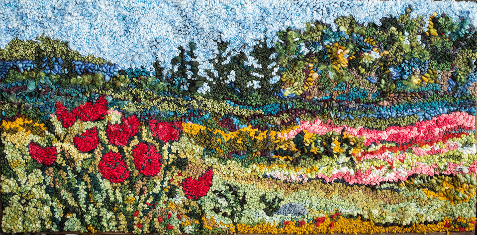 update alt-text with template Wild Flowers in the Glen - 16" x 33.5" - Linen Pattern or Kit-Kits-Deanne Fitzpatrick Rug Hooking Studio-Rug Hooking Kit -Rug Hooking Pattern -Rug Hooking -Deanne Fitzpatrick Rug Hooking Studio -Is rug hooking the same as punch needle?