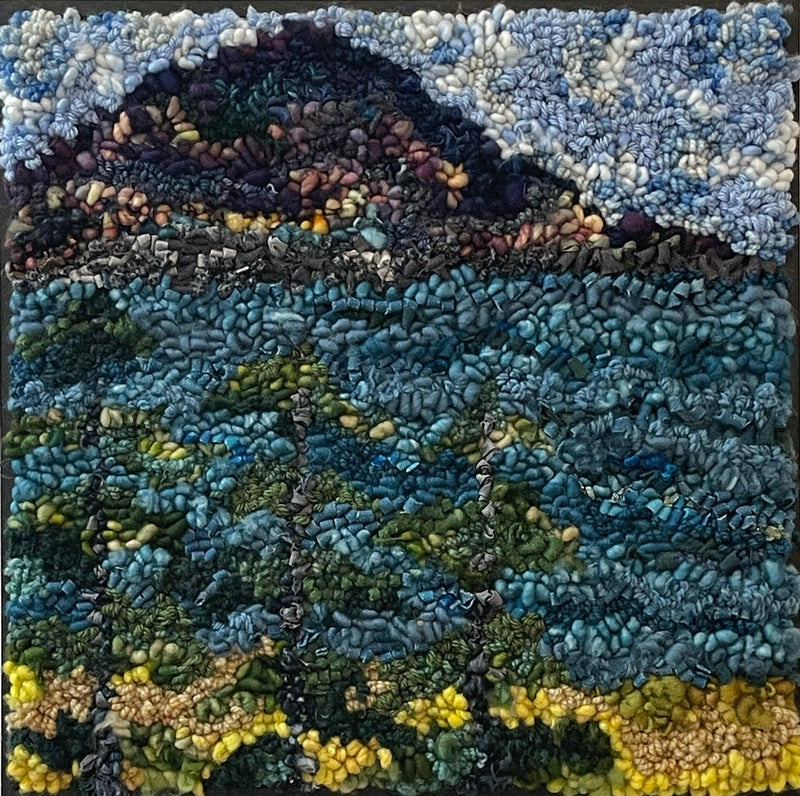 update alt-text with template Lake with Three Pines 16" x 16" Framed-Deanne Fitzpatrick Rug Hooking Studio-Rug Hooking Kit -Rug Hooking Pattern -Rug Hooking -Deanne Fitzpatrick Rug Hooking Studio -Is rug hooking the same as punch needle?