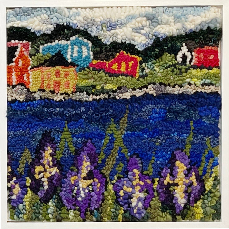 update alt-text with template Irises Across the Bay #1 - 14" x 14" Kit on linen pattern-Online Learning-Deanne Fitzpatrick Rug Hooking Studio-Rug Hooking Kit -Rug Hooking Pattern -Rug Hooking -Deanne Fitzpatrick Rug Hooking Studio -Is rug hooking the same as punch needle?