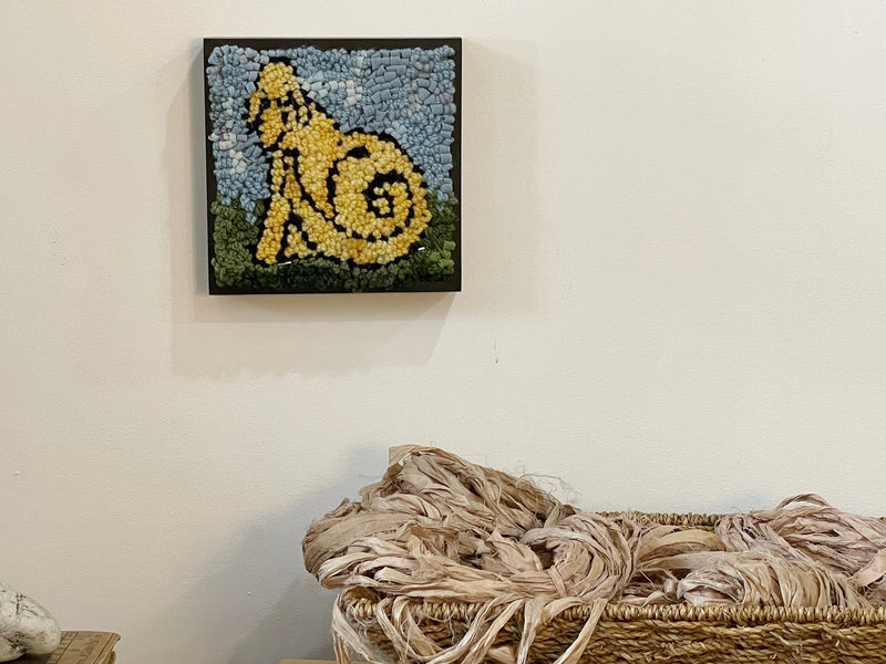 update alt-text with template Dog in field 6" x 6" Framed-original rugs-Deanne Fitzpatrick Rug Hooking Studio-Rug Hooking Kit -Rug Hooking Pattern -Rug Hooking -Deanne Fitzpatrick Rug Hooking Studio -Is rug hooking the same as punch needle?