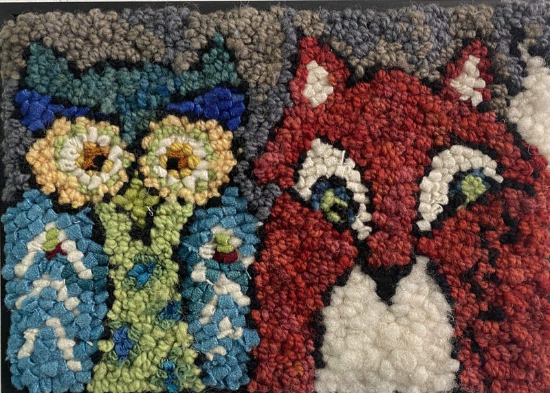 update alt-text with template Fox and Owl Kit Sample 8 by 11-Original Rugs-Deanne Fitzpatrick Rug Hooking Studio-Rug Hooking Kit -Rug Hooking Pattern -Rug Hooking -Deanne Fitzpatrick Rug Hooking Studio -Is rug hooking the same as punch needle?
