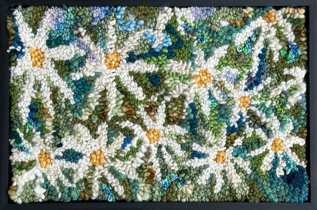 update alt-text with template Fresh Daisies 18.25" x 12.25" Framed-Original Rugs-Deanne Fitzpatrick Rug Hooking Studio-Rug Hooking Kit -Rug Hooking Pattern -Rug Hooking -Deanne Fitzpatrick Rug Hooking Studio -Is rug hooking the same as punch needle?