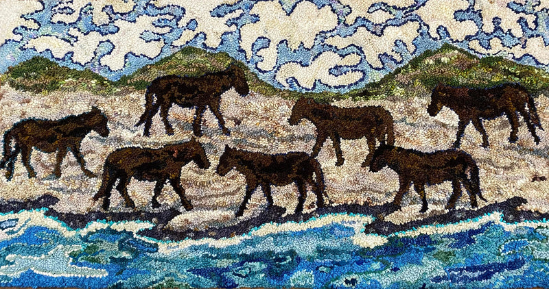 update alt-text with template Sable Island Horses 55" x 28" Sold-Original Rugs-Deanne Fitzpatrick Rug Hooking Studio-Rug Hooking Kit -Rug Hooking Pattern -Rug Hooking -Deanne Fitzpatrick Rug Hooking Studio -Is rug hooking the same as punch needle?