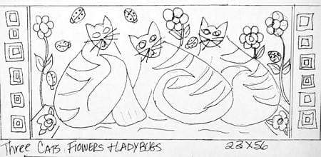 update alt-text with template Three Cats, Flowers & Ladybugs - 23" x 56" Rug Hooking Pattern or Kit-Patterns-vendor-unknown-Rug Hooking Kit -Rug Hooking Pattern -Rug Hooking -Deanne Fitzpatrick Rug Hooking Studio -Is rug hooking the same as punch needle?