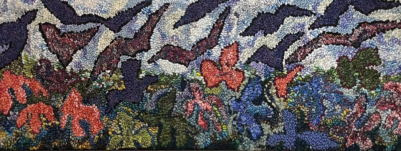 update alt-text with template Planting Flowers for the Birds 18" x 44.5" Framed-Deanne Fitzpatrick Rug Hooking Studio-Rug Hooking Kit -Rug Hooking Pattern -Rug Hooking -Deanne Fitzpatrick Rug Hooking Studio -Is rug hooking the same as punch needle?