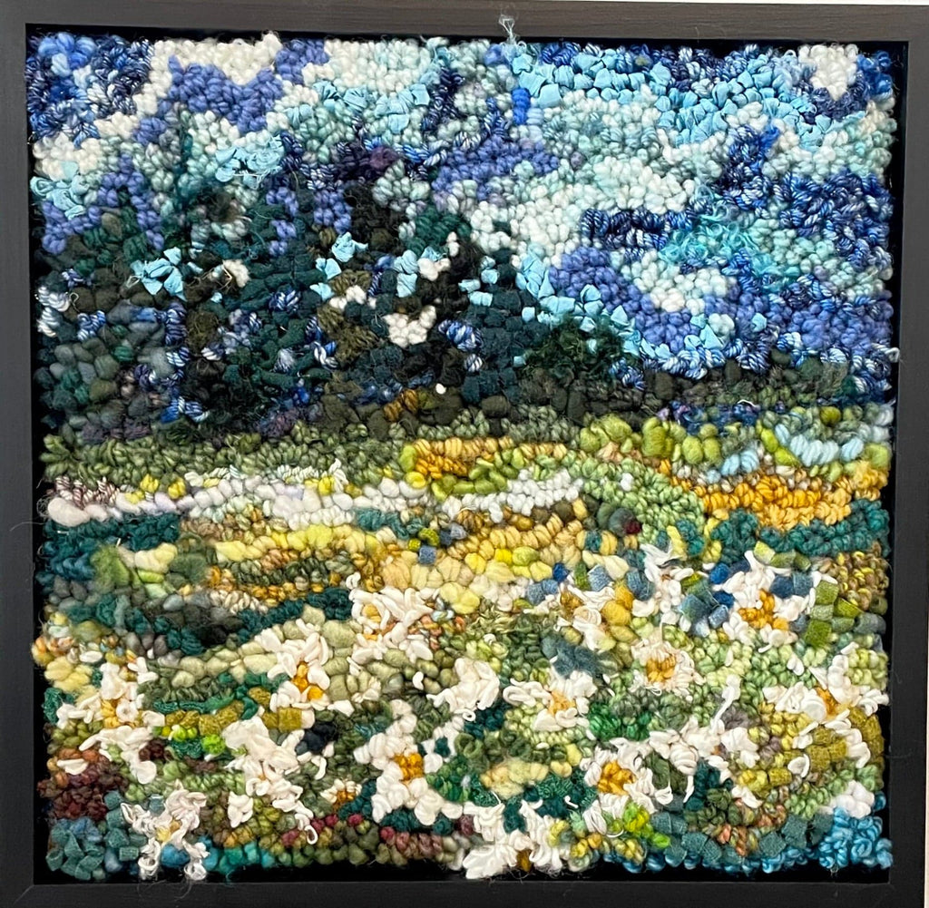 update alt-text with template Daisy Field 12" x 12" Framed-Rugs for sale-Deanne Fitzpatrick Rug Hooking Studio-Rug Hooking Kit -Rug Hooking Pattern -Rug Hooking -Deanne Fitzpatrick Rug Hooking Studio -Is rug hooking the same as punch needle?