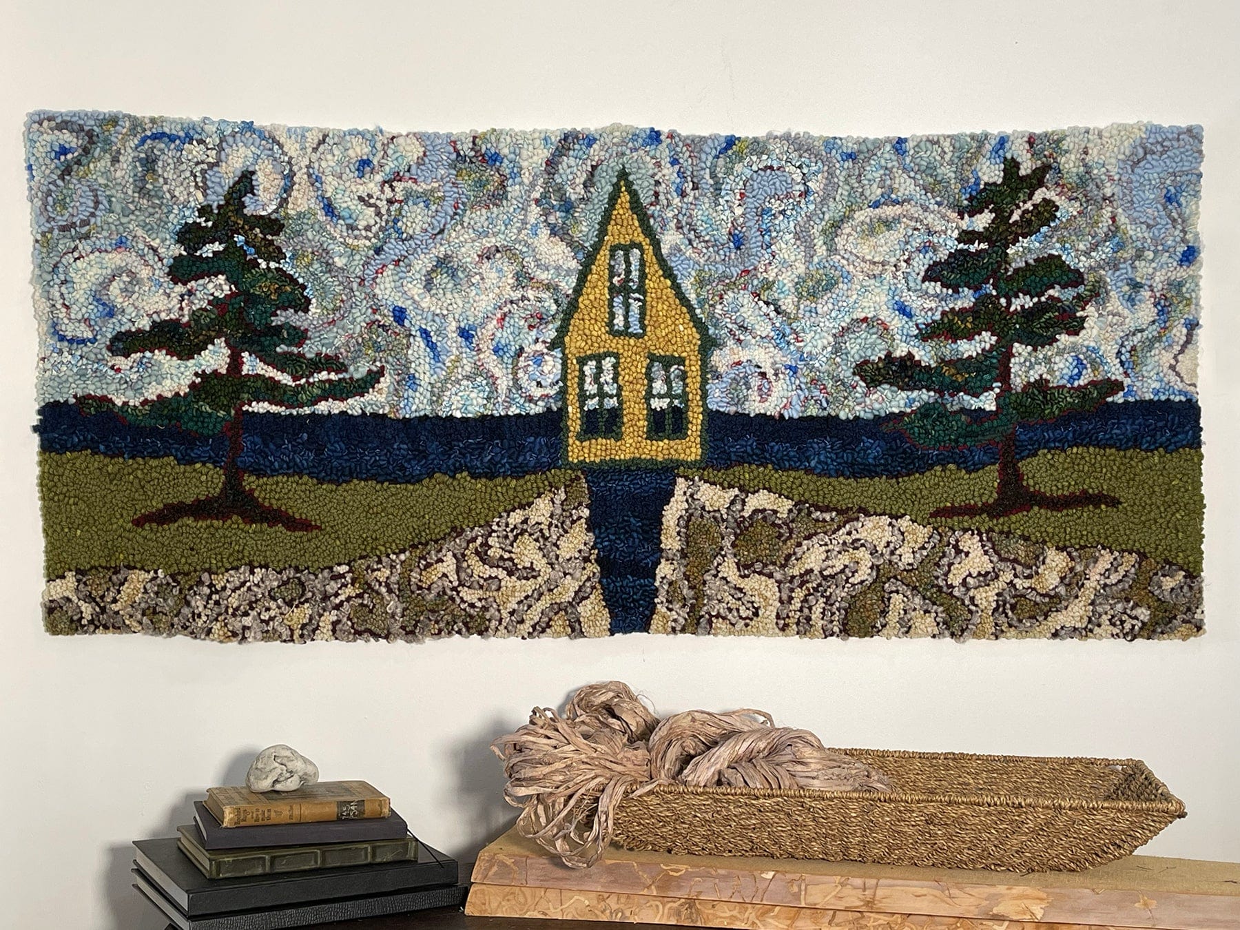 update alt-text with template Two Pines Pending 53" x 24" Framed-Deanne Fitzpatrick Rug Hooking Studio-Rug Hooking Kit -Rug Hooking Pattern -Rug Hooking -Deanne Fitzpatrick Rug Hooking Studio -Is rug hooking the same as punch needle?